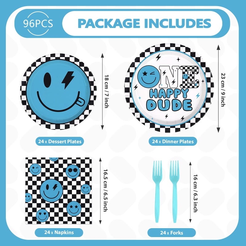 Greencian 96Pcs One Happy Dude 1st Birthday Party Decoration Blue Smile Face Plates and Napkins Black White Plaid Disposable Paper Tableware Set for 1st Birthday Baby Shower Party Supplies Serves 24 - Image 5