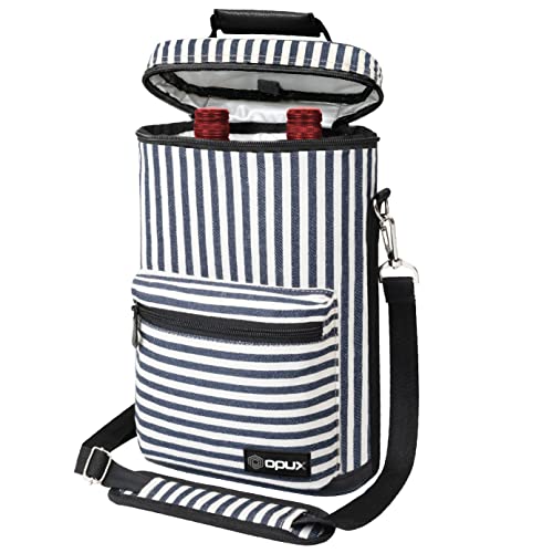 opux Wine Bag 2 Bottle Wine Tote Carrier, Insulated Wine Cooler Bag for Travel Picnic, Leakproof Portable Padded Case, Wine Gifts For Women Men Wine Lovers Christmas, Navy White Stripes - Image 1