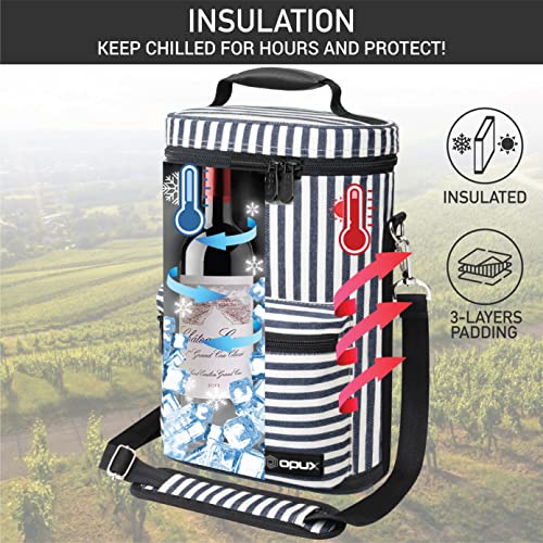 opux Wine Bag 2 Bottle Wine Tote Carrier, Insulated Wine Cooler Bag for Travel Picnic, Leakproof Portable Padded Case, Wine Gifts For Women Men Wine Lovers Christmas, Navy White Stripes - Image 2