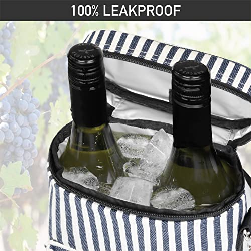 opux Wine Bag 2 Bottle Wine Tote Carrier, Insulated Wine Cooler Bag for Travel Picnic, Leakproof Portable Padded Case, Wine Gifts For Women Men Wine Lovers Christmas, Navy White Stripes - Image 5