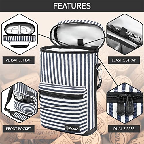 opux Wine Bag 2 Bottle Wine Tote Carrier, Insulated Wine Cooler Bag for Travel Picnic, Leakproof Portable Padded Case, Wine Gifts For Women Men Wine Lovers Christmas, Navy White Stripes - Image 4