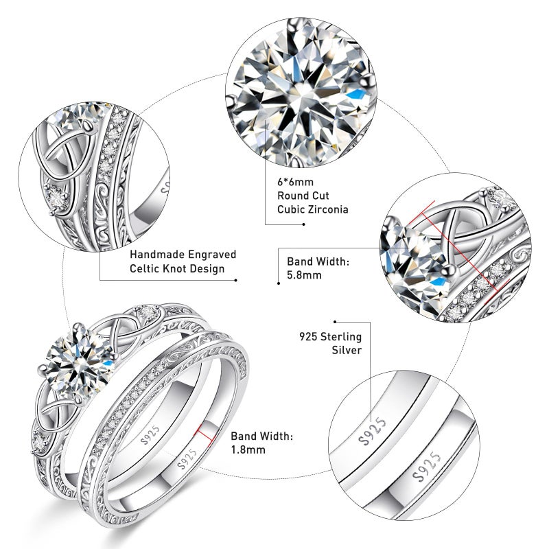 Yaresul Vintage Celtic Knot Women's Engagement Ring Sets 925 Sterling Silver Bridal Ring Sets for Women Cubic Zirconia Engagement Ring Cubic Zirconia Wedding Ring Sets Size 7 - Image 3