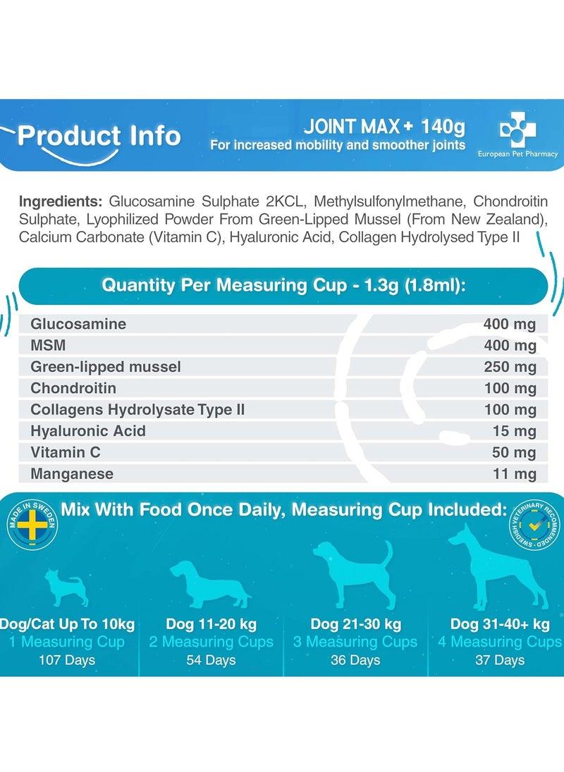 EUROPEAN Dog Joint Supplements Cat Joint Supplement Nutrient Dense Formula with Green Lipped Mussel for Dogs Cats for Recovery Mobility All Ages 140g Powder  - Image 5