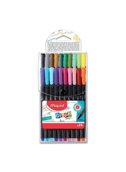 MAPED GraphPeps Fineliner Pens-20 Vibrant colours| Durable Metal Tip| Japanese Technology Tip 0.4mm| Triangular Shape & Comfortable Grip| Ideal for Mandala Art, Sketching, Doodling, Decorating Journal
