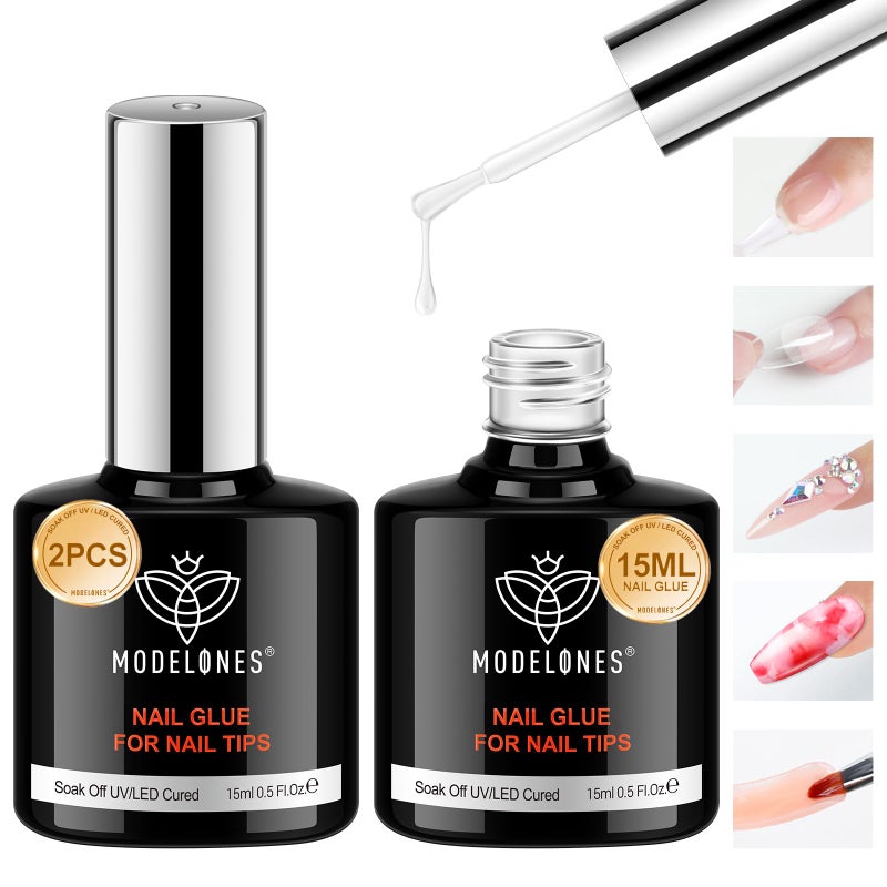 modelones 10 in One Gel Nail Glue Brush On Nail Glue 15 ml for Tips, Rhinestones, Base Coat, Blooming Art Gel Kit for Press on Nails Acrylic tips U V Lamp Needed 2Pcs - Image 1