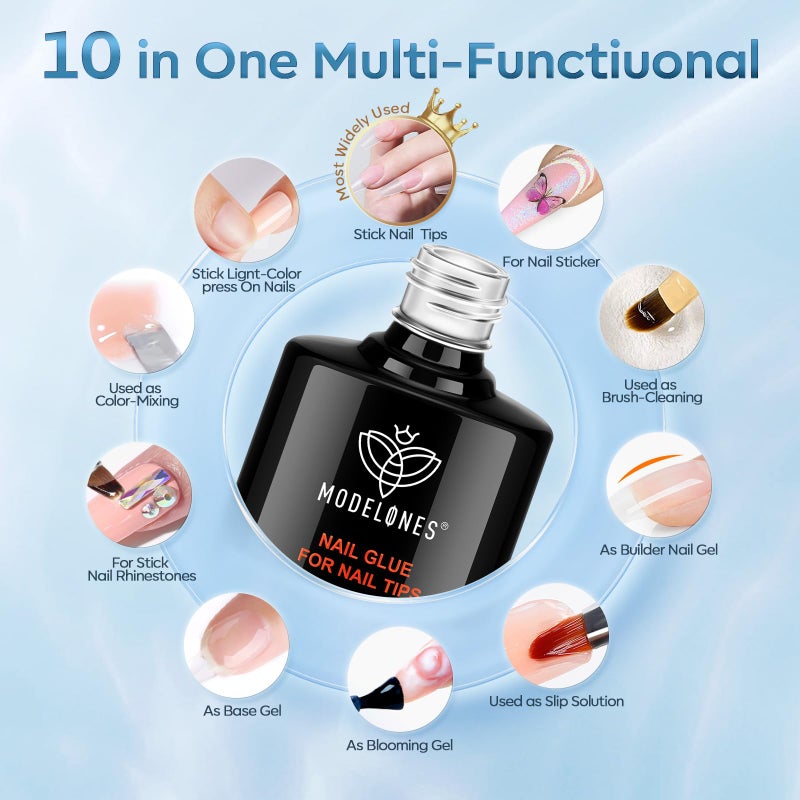 modelones 10 in One Gel Nail Glue Brush On Nail Glue 15 ml for Tips, Rhinestones, Base Coat, Blooming Art Gel Kit for Press on Nails Acrylic tips U V Lamp Needed 2Pcs - Image 2