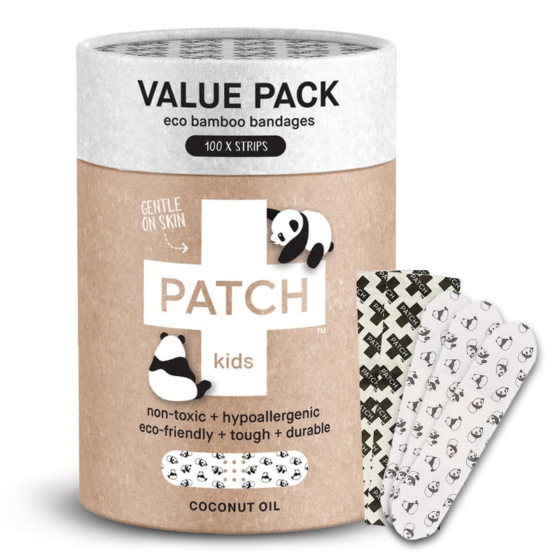 PATCH 100 Pieces, Coconut Oil, Value Pack, Kids Panda Eco-Friendly Bamboo Adhesive Bandages for Scratches & Grazes, Hypoallergenic Wound Care for Sensitive Skin, Biodegradable, Latex & Plastic Free - Image 1