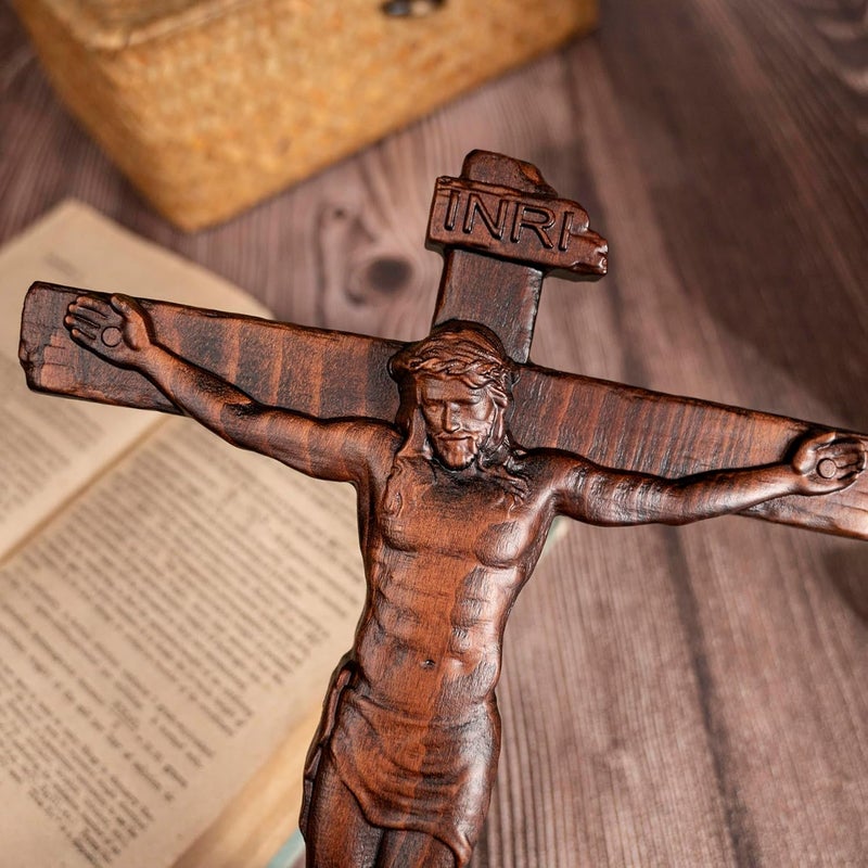 BGCOPPER Store Wooden Crucifix Wall Cross, INRI Jesus Cross for Wall, Handmade Cross Wall Decor for Home Christmas Gift - 14 Inch - Image 4