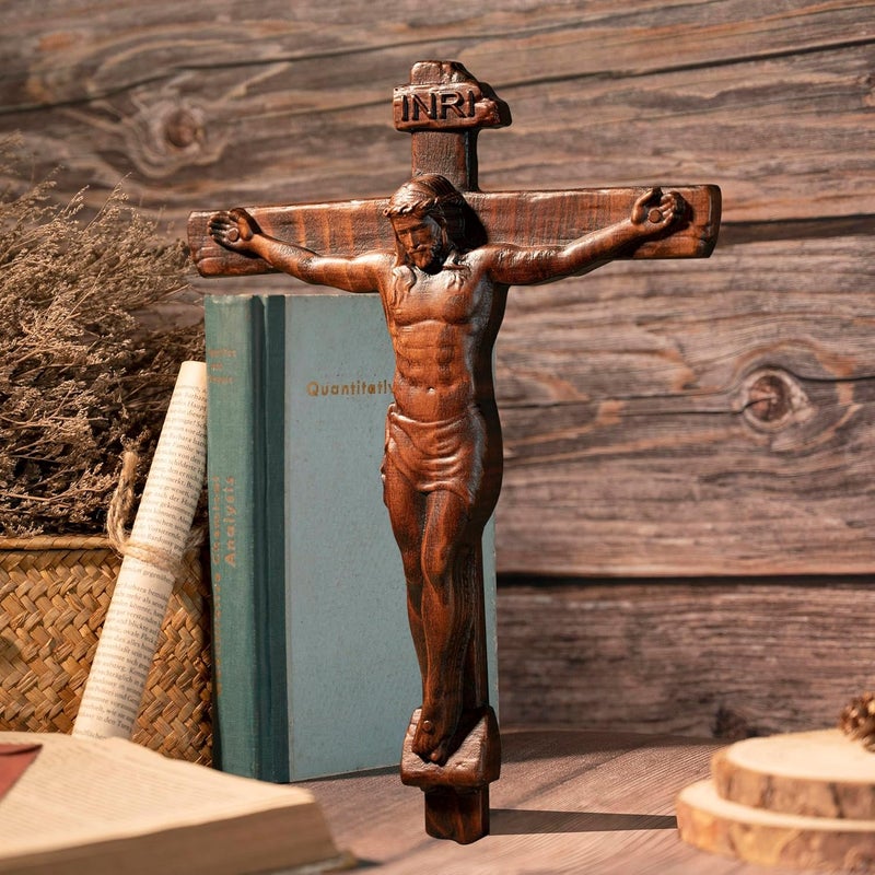 BGCOPPER Store Wooden Crucifix Wall Cross, INRI Jesus Cross for Wall, Handmade Cross Wall Decor for Home Christmas Gift - 14 Inch - Image 3
