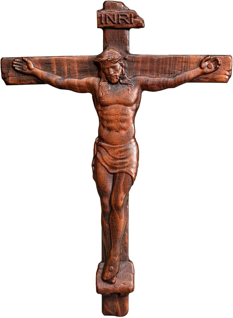 BGCOPPER Store Wooden Crucifix Wall Cross, INRI Jesus Cross for Wall, Handmade Cross Wall Decor for Home Christmas Gift - 14 Inch - Image 1