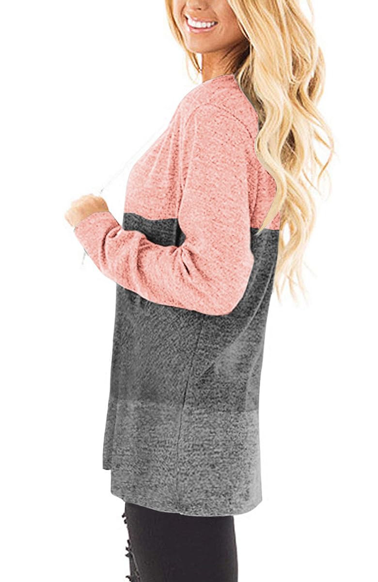 Jescakoo Long Sleeve T Shirt Women Soft Fall Patchwork Tunic Ladies Tops Pink S - Image 2