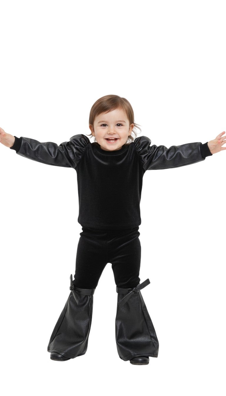 Bongo Kids Wear Casual Mixed Material Leather and Velvet Pants and Blouse Set for Girls - Black