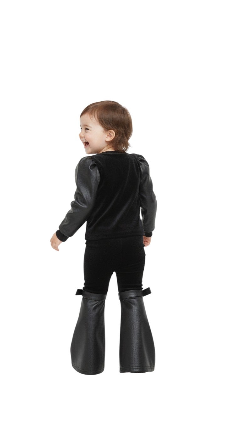 Bongo Kids Wear Casual Mixed Material Leather and Velvet Pants and Blouse Set for Girls - Black - Image 3