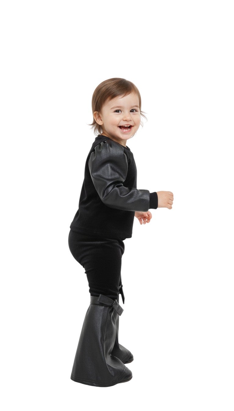 Bongo Kids Wear Casual Mixed Material Leather and Velvet Pants and Blouse Set for Girls - Black - Image 2