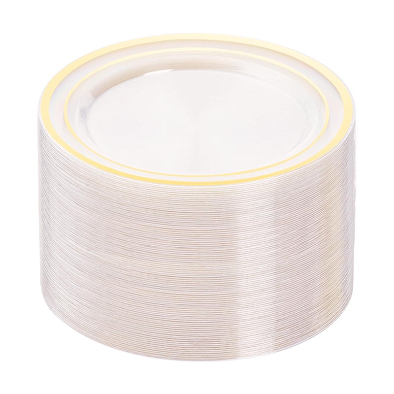 BESTVIP 100PCS Clear Plastic Plates, 10.25 Inch Disposable Dinner Plate Party with Gold Rim, Heavy Duty Disposable Plastic Plates for Party, Wedding and Birthday, Christmas, Thanksgiving - Image 1
