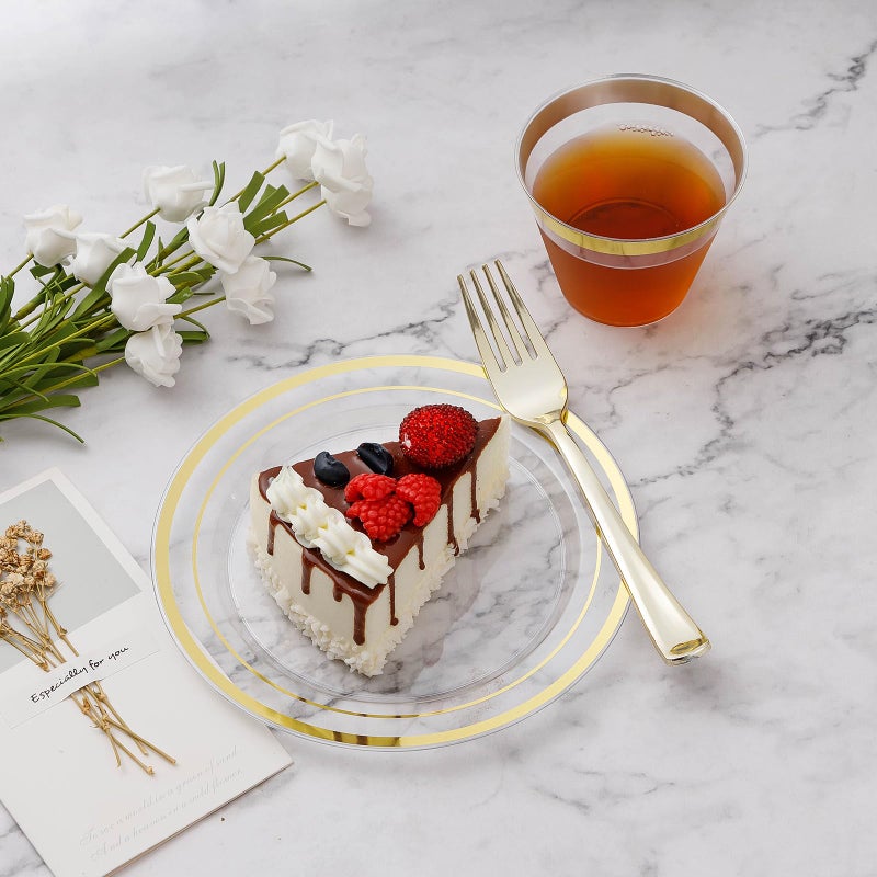BESTVIP 100PCS Clear Plastic Plates, 10.25 Inch Disposable Dinner Plate Party with Gold Rim, Heavy Duty Disposable Plastic Plates for Party, Wedding and Birthday, Christmas, Thanksgiving - Image 2