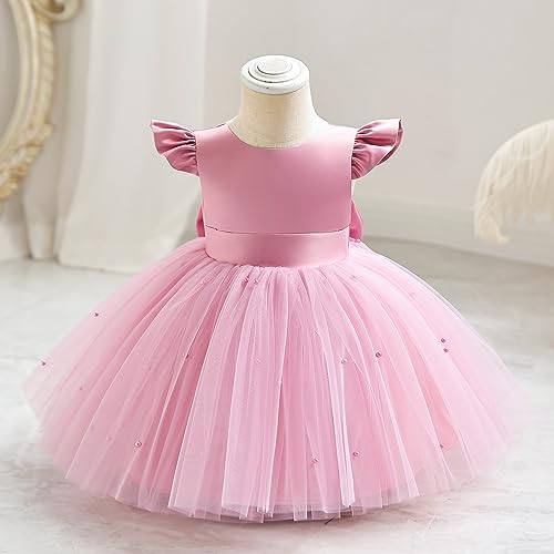 OBEEII Infant Baby Flower Girl Dress Satin Pearls Tulle Tutu Dress Bowknot V Back Pageant Party Formal Baptism Dress Dusty Pink 6-12 Months - Image 2