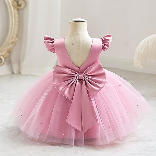 OBEEII Infant Baby Flower Girl Dress Satin Pearls Tulle Tutu Dress Bowknot V Back Pageant Party Formal Baptism Dress Dusty Pink 6-12 Months - Image 4