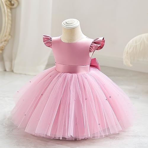 OBEEII Infant Baby Flower Girl Dress Satin Pearls Tulle Tutu Dress Bowknot V Back Pageant Party Formal Baptism Dress Dusty Pink 6-12 Months - Image 3