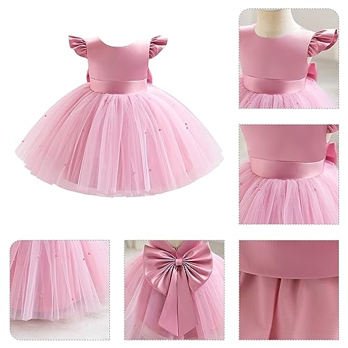 OBEEII Infant Baby Flower Girl Dress Satin Pearls Tulle Tutu Dress Bowknot V Back Pageant Party Formal Baptism Dress Dusty Pink 6-12 Months - Image 5
