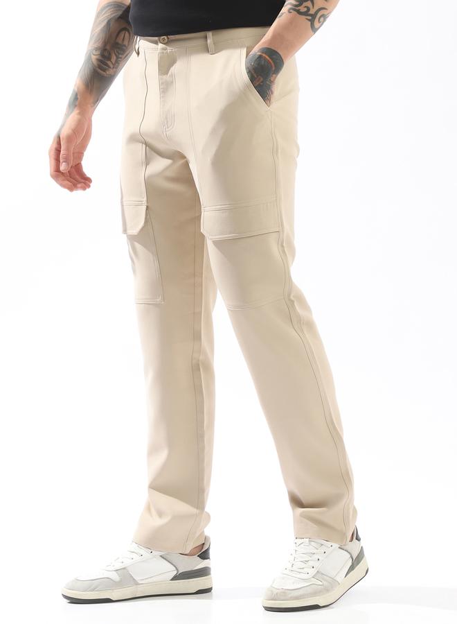 HIGH STAR Beige Trousers Solid Button Woven Full Cargo Mid-Rise for Men – Style that defines you - Image 3