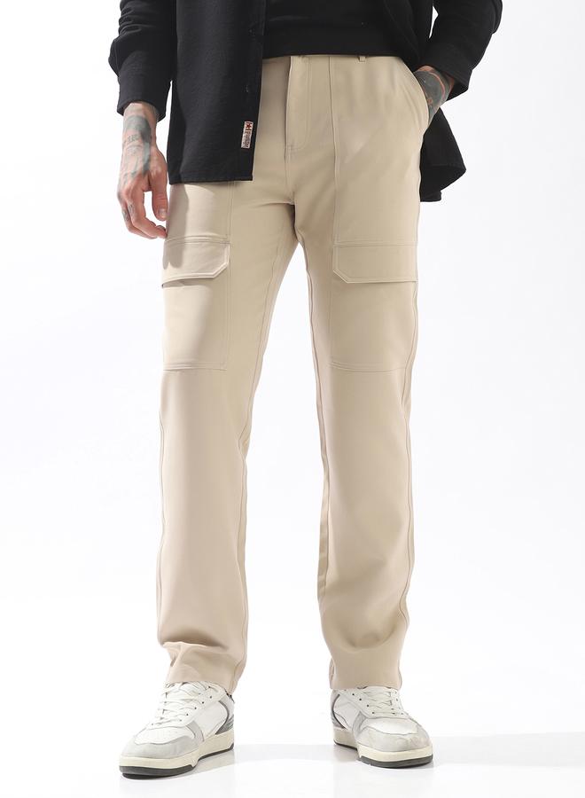 HIGH STAR Beige Trousers Solid Button Woven Full Cargo Mid-Rise for Men – Style that defines you - Image 2