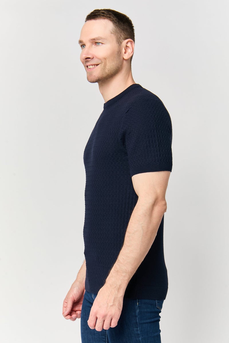 Threadbare Men Crew Neck Short Sleeve Textured T-Shirt, Navy - Image 3