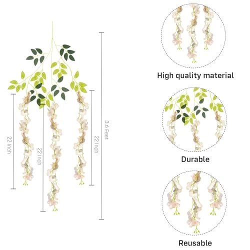 Party Propz Ivory Wisteria Artificial Flowers for Decoration - 12Pcs (3.6ft), Money Plant Artificial Leaves- 2Pcs(8ft), Haldi Decoration Items for Home Decor, Flowers for Decorations Backdrop - Image 3