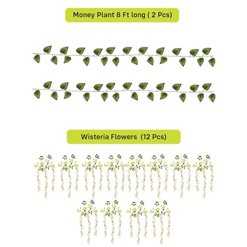 Party Propz Ivory Wisteria Artificial Flowers for Decoration - 12Pcs (3.6ft), Money Plant Artificial Leaves- 2Pcs(8ft), Haldi Decoration Items for Home Decor, Flowers for Decorations Backdrop - Image 2