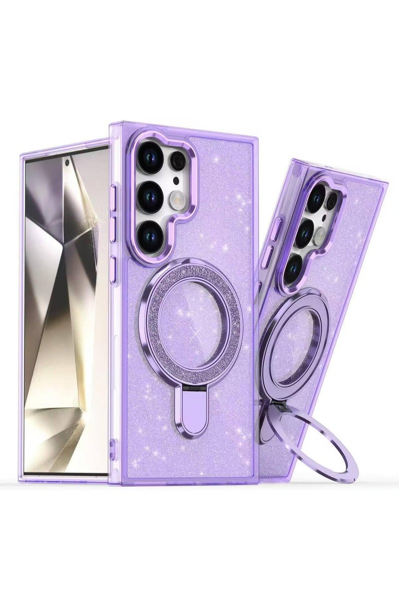 Case Compatible with Samsung Galaxy S24 Ultra Magnetic Glitter Case,Luxury Bling Rhinestone Clear TPU Bumper Case,wireless charger ring stand shine Cover for Women Girls (Shiny Purple) - Image 1