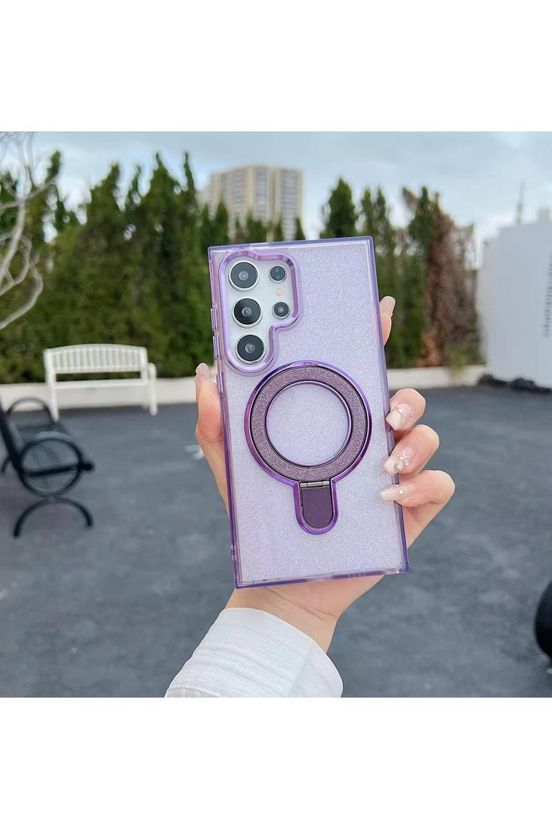 Case Compatible with Samsung Galaxy S24 Ultra Magnetic Glitter Case,Luxury Bling Rhinestone Clear TPU Bumper Case,wireless charger ring stand shine Cover for Women Girls (Shiny Purple) - Image 2