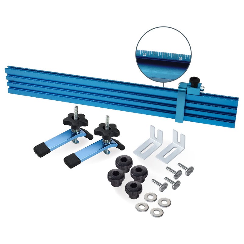 POWERTEC Drill Press Fence Set wT Slot 24 Hardware Kit for TSlot Drill Press Table Tops Laser Etched Scale Reversible T Track Hold Down Adjustable Clamps Flip Stops Mounting Brackets 71633