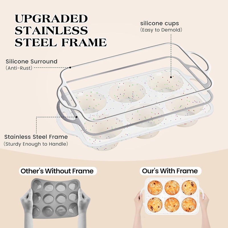 AOTASO 2 Pcs Jumbo Muffin Pan with Metal Frame, Nonstick 6 Cup Extra Large Cupcake Pan for Baking, Silicone Deep Muffin Tray for Egg Bites (Cream) - Image 2