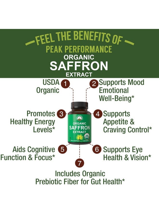 Peak Performance Saffron Supplements - USDA Organic Saffron Extract Capsules for Women, Men, and Kids. with Organic Prebiotic Fiber Instead of Filler. Pure and Natural for Mood, Brain, Focus, Cravings, PMS - Image 2