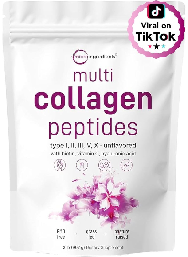 Micro Ingredients Multi Collagen Peptides Powder, 2lb | Type I, II, III, V, X + Biotin, Vitamin C & Hyaluronic Acid | Unflavored | Supports Hair, Skin & Joint Health | Keto, Non-GMO