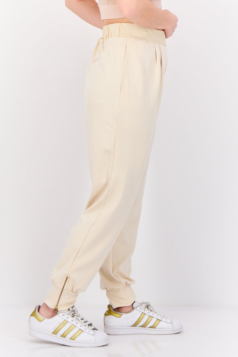 ESPRIT Women Regular Fit Solid Jogger Pants, Cream  - Image 3