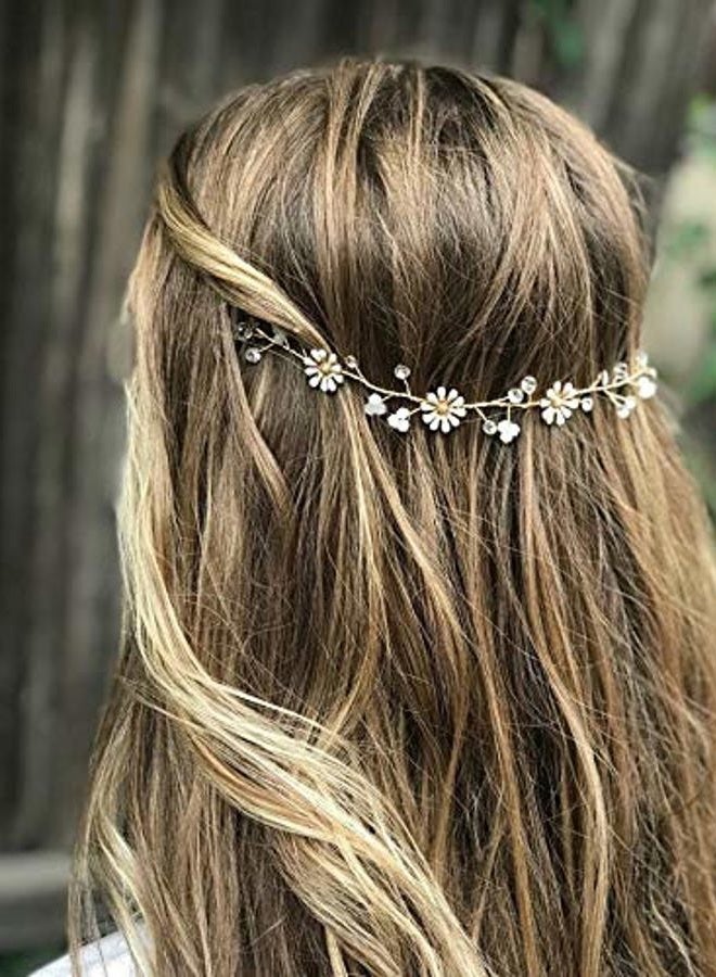 Unicra Bride Flower Wedding Hair Vine Daisy Gold Bridal Hair Piece Crystal Hair Accessories for Women and Girls - Image 2
