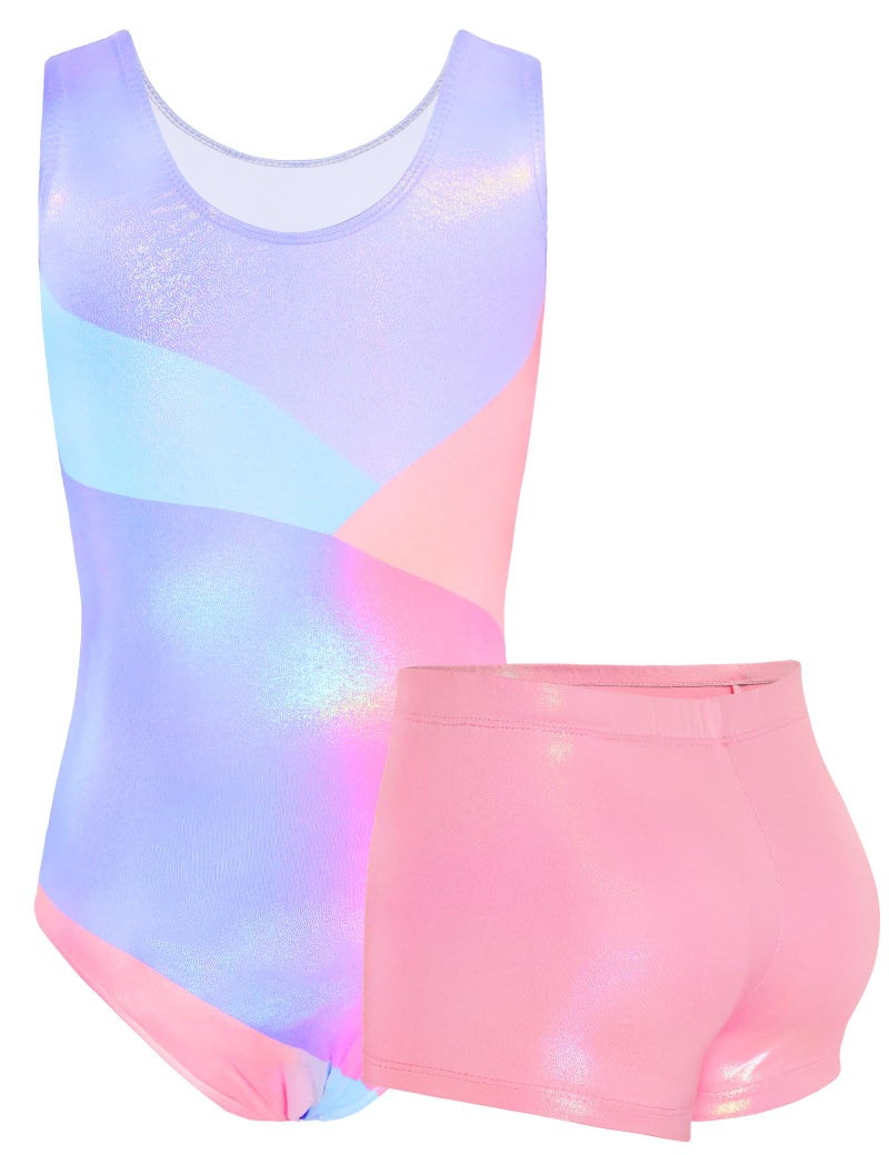 TENVDA Gymnastics Leotards for Girls 6-7 Years Old Sparkle Pink Blue Athletic Bodysuits Matching Tumbling Shorts Bottom Set - Image 2