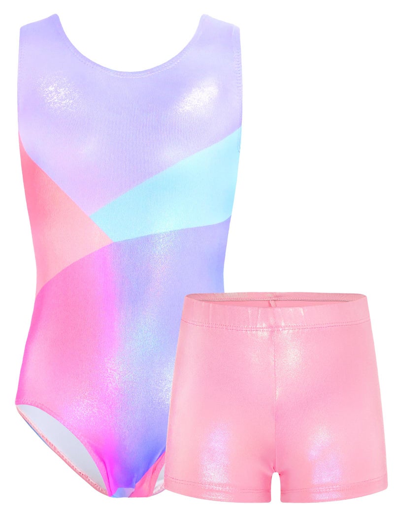 TENVDA Gymnastics Leotards for Girls 6-7 Years Old Sparkle Pink Blue Athletic Bodysuits Matching Tumbling Shorts Bottom Set - Image 1