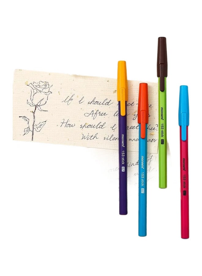 Monami Bic Hexagonal Brush Pen 0.7, Contrasting Color Medium Oil Pen, 153 Stick Smooth Black Vintage Colorful Barrel Ballpoint Pen, 01028-4 Pack - Image 3