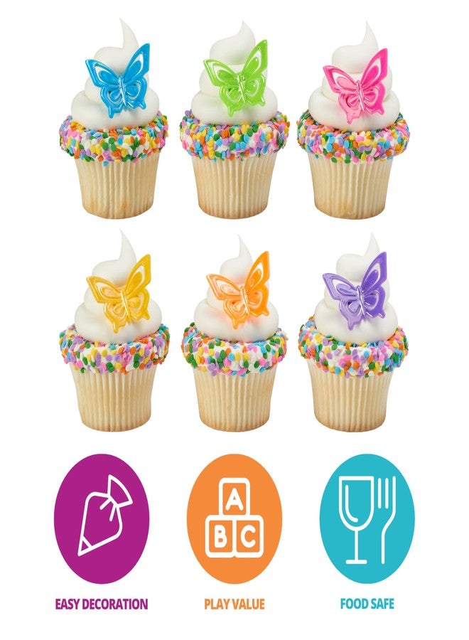 DecoPac Butterfly Cupcake Rings, 24 Multi-colored Cupcake Toppers in Pink, Purple, Blue, Green, Yellow & Orange, 3d Food Safe Cake Toppers - 24 Pack - Image 2