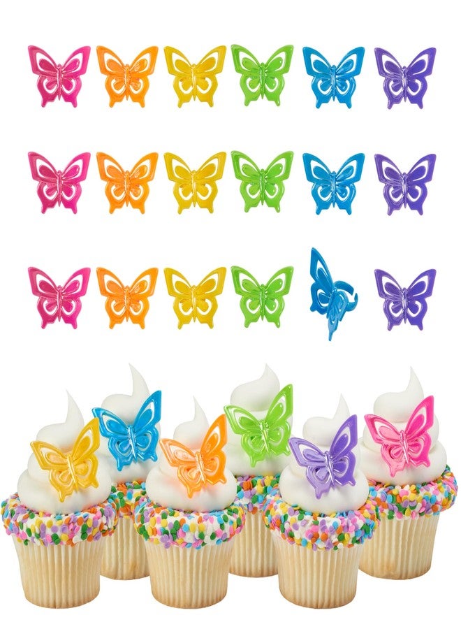 DecoPac Butterfly Cupcake Rings, 24 Multi-colored Cupcake Toppers in Pink, Purple, Blue, Green, Yellow & Orange, 3d Food Safe Cake Toppers - 24 Pack - Image 1
