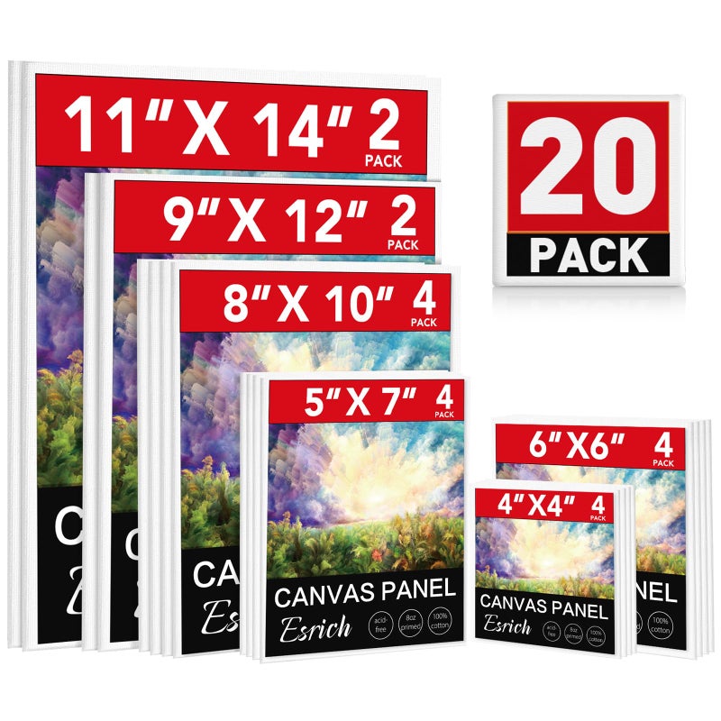 ESRICH Canvas Boards for Painting 20 Multi Pack Paint Canvas Panels 11x14 9x12 8x10 6x6 5x7 4x4 Blank Canvases for PaintingCotton Primed Painting Canvas for Acrylic Oil Gouache Tempera - Image 2