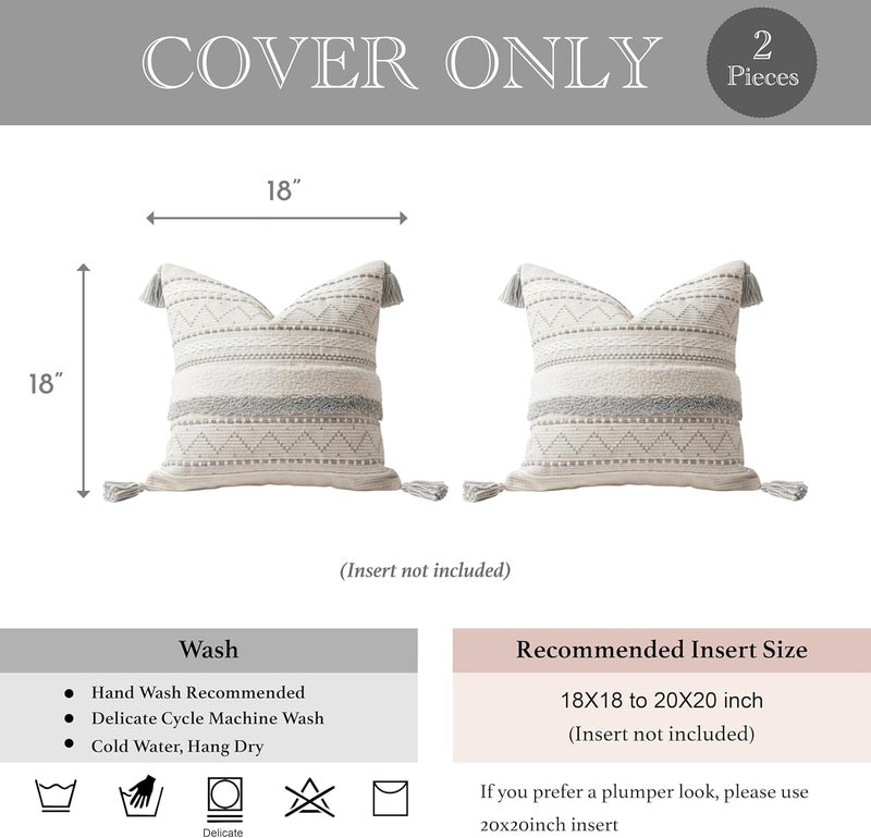 BlissBlush Gray Decorative Throw Pillow Cover 18X18 Combo Set of 2 Square Boho Neutral Grey Accent Pillowcase Tassels Farmhouse Cushion for Couch Sofa Bedroom Living Room Home Décor Cover ONLY - Image 5