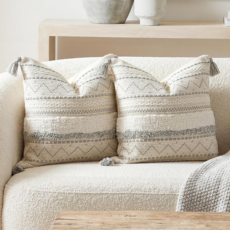 BlissBlush Gray Decorative Throw Pillow Cover 18X18 Combo Set of 2 Square Boho Neutral Grey Accent Pillowcase Tassels Farmhouse Cushion for Couch Sofa Bedroom Living Room Home Décor Cover ONLY - Image 1