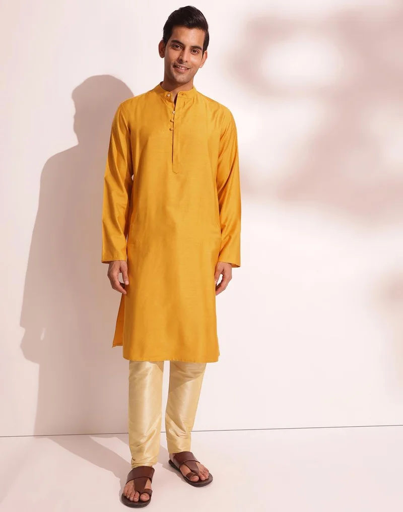 فاب انديا Mustard Viscose Silk Slim Fit Long Kurta