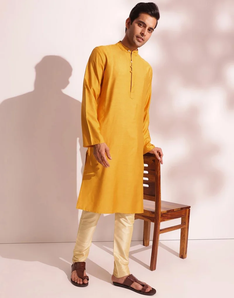 فاب انديا Mustard Viscose Silk Slim Fit Long Kurta