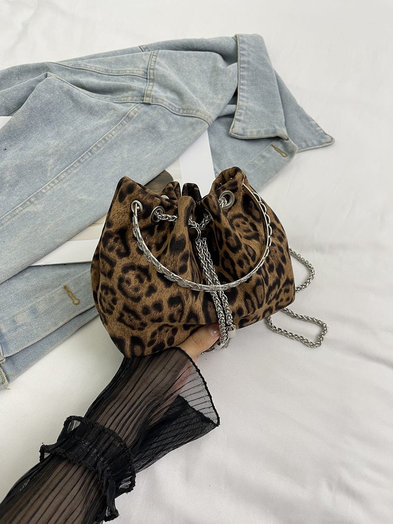 Trendy Leopard Print Small Bag For Women Fashion Drawstring Bucket Bag Trendy Versatile Niche Chain Crossbody Bag - Image 5