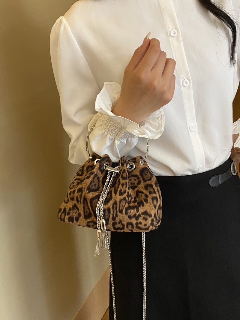 Trendy Leopard Print Small Bag For Women Fashion Drawstring Bucket Bag Trendy Versatile Niche Chain Crossbody Bag - Image 3