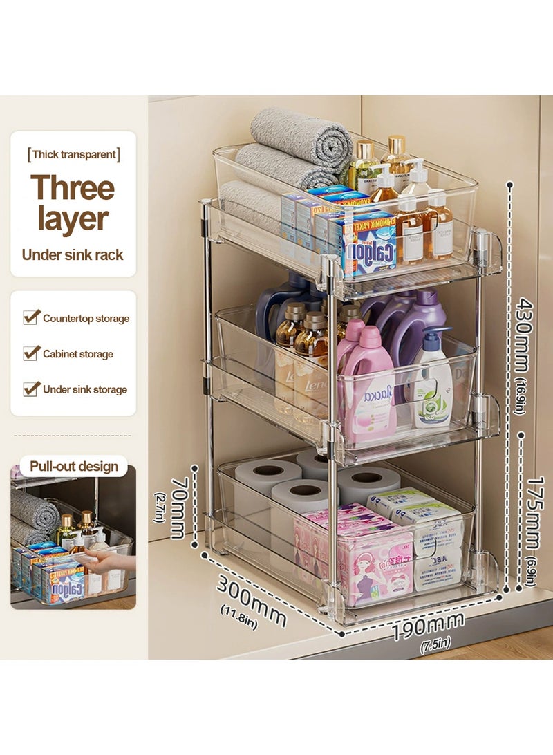 LOOPITYS storage rack 3-tier,Clear organizer rack Multi-Functional Pull-Out Tiered Basket,Slide Out Drawer Storage Container（3 pieces）Multi-Purpose Bathroom Organizer, Kitchen Under Sink Organize - Image 1